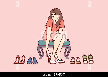 Eine Shopaholic-Frau probiert Schuhe im Laden aus und wählt die richtigen High Heels für die Party aus. Mädchen in der Modeboutique mit Schuhen, die gerne einkaufen und ihre Garderobe wechseln möchte Stock Vektor