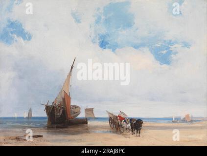 Gestrandete Schiffe und ein Wagen in der Nähe von Trouville France Stockfoto