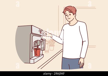 Der Mann benutzt eine Kaffeemaschine, steht in der Küche der Wohnung und bereitet ein Getränk für ein belebendes Frühstück zu. Der Kerl macht während der Arbeitspause heißen Kaffee, um Schläfrigkeit zu vermeiden und produktiver zu sein Stock Vektor