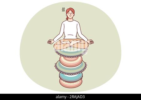 Ruhige Frau, die auf einem Stapel von Zen-Steinen sitzt und meditiert. Friedliche Frauen praktizieren Yoga in Meditationssitzung. Gesundheit und Frieden. Vektorgrafik. Stock Vektor