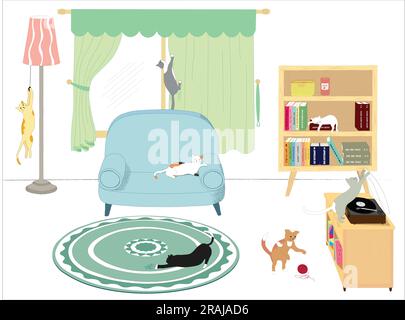 Katzen im Wohnzimmer setzen Farbflachvektor im Cartoon-Stil. Aktive niedliche Katzen spielen mit Möbeln. Stock Vektor