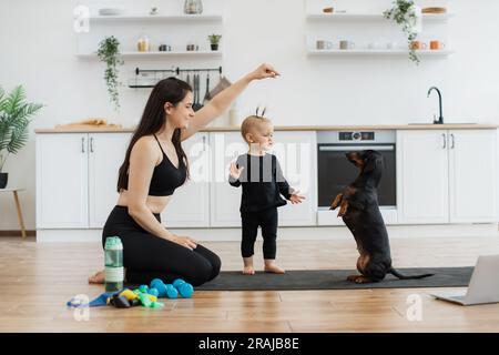 Lächelnde Frau in Sportbekleidung, die den Leckerbissen des Hundes in der Luft hält, während der süße schwarze Dachshund auf den Hinterbeinen neben dem Mädchen sitzt. Haustierbesitzer laufen durch das Training für Tiere nach der Fitness zu Hause. Stockfoto