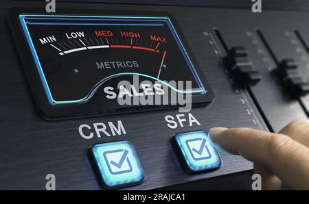 Benutzer, der mit einem CRM- und SFA-Dashboard interagiert. Konzept von Customer Relationship Management und Sales Force Automation. Stockfoto
