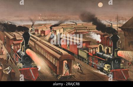 Nachtszene an einer Kreuzung der amerikanischen Eisenbahn, 1876, America, historisch, digital restaurierte Reproduktion eines Originals aus dem 19. Jahrhundert. / Nachtszene an einem amerikanischen Eisenbahnknotenpunkt, 1876, Amerika, Historisch, Digital Restaurant Reproduktion von einer Vorlage aus dem 19. Hundert Stockfoto