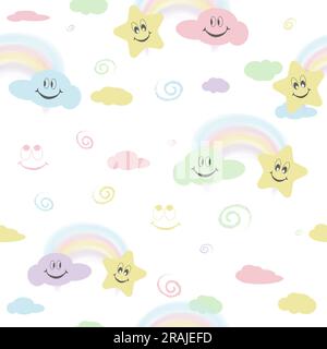 Fröhliches Kindermuster mit Regenbogen, Sternen, Wolken, Emotionen. Zum Bedrucken von Textilien, Geschenkpapier, Textilien, Kinderdekorationen Stock Vektor