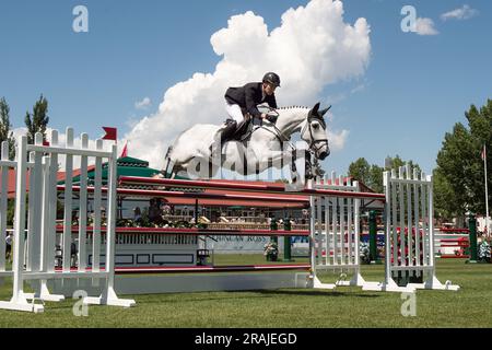 Rupert Winkelmann nimmt am 1. Juli 2023 am Rolex Pan American Grand Prix in Spruce Meadows in Calgary, Kanada, Teil. Stockfoto