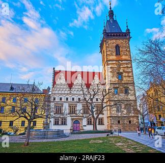 Brunnen mit Pestsäule auf dem Karlsplatz und das mittelalterliche Gebäude des Rathauses Nove Mesto vor dem blauen Abendhimmel, Prag, Tschechien Stockfoto