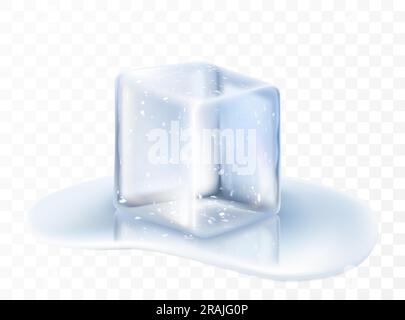 Transparenter blauer Vektoreis und Wassertropfen. Eiswürfel auf Wasseroberfläche. Realistische 3D-Vektordarstellung Stock Vektor