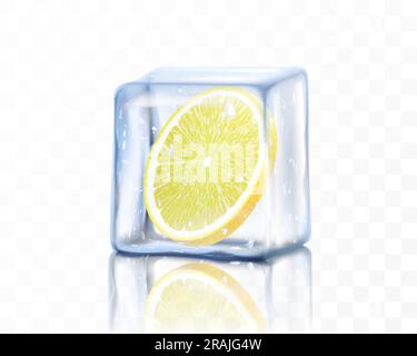 Frische, reife Zitronenscheibe in Eiswürfel, isoliert auf transparentem Hintergrund. Gefrorenes Stück Zitrone. Realistische 3D-Vektordarstellung Stock Vektor