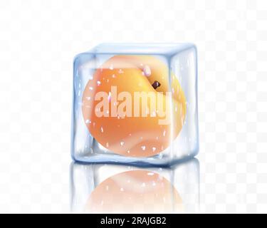 Frischer, reifer Pfirsich in Eiswürfeln, isoliert auf transparentem Hintergrund. Gefrorene Pfirsichfrüchte, realistische 3D-Vektordarstellung Stock Vektor