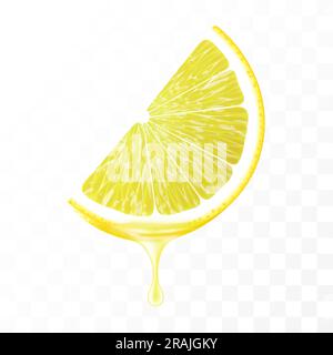 Zitronenscheiben mit Saft, isoliert auf transparentem Hintergrund. Frische Zitronenscheibe mit ätherischem Öl. Saftiges Obst. Frische Zitrusfrüchte Stock Vektor