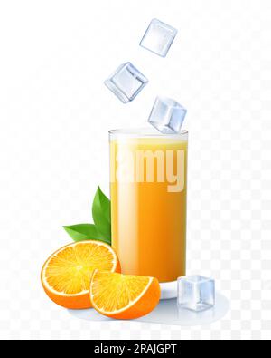 Ein Glas frischer Orangensaft mit Eiswürfeln, die ins Glas fallen. Tasse ZitrusSmoothies mit reifem Orange, isoliert auf transparentem Hintergrund. Rea Stock Vektor