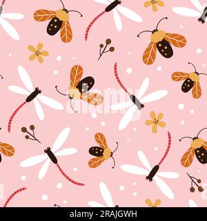 Libellen und Motten, nahtloses Muster. Wiederhole das Muster mit süßen Insekten und Blumen auf pinkfarbenem Hintergrund. Quadratisches Design. Vektordarstellung. Stock Vektor