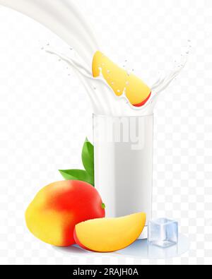 Mango fällt in ein Glas Milch oder Joghurt. Süße Milchspritzer. Werbebanner für Fruchtmilchshake, Jogurt Jet, fliegende Tropfen, Weißgetränk in Glas Cu Stock Vektor