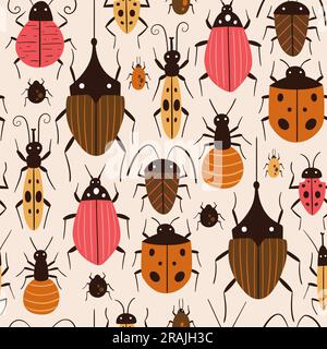 Flache Insekten nahtloses Muster. Wiederholen Sie das Muster mit verschiedenen abstrakten Insekten, isoliert auf hellgelbem Hintergrund. Quadratisches Design. Vektorbeleuchtung Stock Vektor