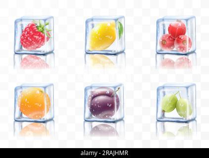 Saftige Früchte in Eiswürfeln, Himbeere, Zitrone, Pflaume, Johannisbeere. Gefrorene Stachelbeeren, Orangen oder Grapefruits. Realistische 3D-Vektordarstellung. Gefrorene Beeren für Stock Vektor