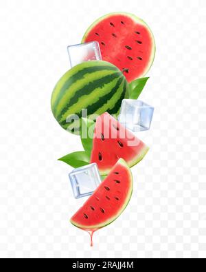 Frische Wassermelone mit herabfallenden oder fliegenden Eiswürfeln. Zusammensetzung der Elemente Wassermelone mit Blättern, Hälften und Scheiben Wassermelone, 3D realistischer Vektor Stock Vektor