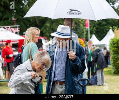 East Molesey, Großbritannien. 4. Juli 2023. Regen und Gewitter wurden vorhergesagt, da das RHS Hampton Court Palace Garden Festival heute bis Sonntag, den 9. Juli, für die Öffentlichkeit geöffnet wurde. Die weltberühmte Blumenshow ist ein glamouröser, unterhaltsamer und informativer Tag. Es gibt viele Gärten, Blumenausstellungen und Marquees, alle auf dem herrlichen Gelände des Hampton Court Palace. Kredit: Keith Larby/Alamy Live News Stockfoto