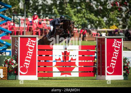 Santiago Lambre aus Brasilien nimmt am 1. Juli 2023 am Rolex Pan American Grand Prix in Spruce Meadows in Calgary, Kanada, Teil. Stockfoto