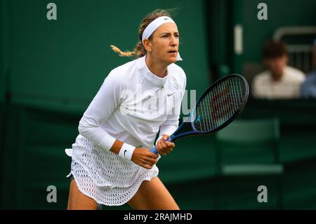 Victoria Azarenka von Belarus während der Wimbledon Championships 2023 am 3. Juli 2023 im All England Lawn Tennis & Croquet Club in Wimbledon, England Stockfoto