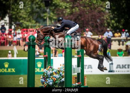 Santiago Lambre aus Brasilien nimmt am 1. Juli 2023 am Rolex Pan American Grand Prix in Spruce Meadows in Calgary, Kanada, Teil. Stockfoto