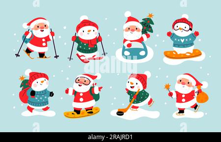 Snowman und Weihnachtsmann. Feiertagssymbole. Sportliche Weihnachtsfiguren. Cartoon-Weihnachtsmann beim Skifahren und Snowboarden. Outdoor-Übungen. Glanzvoll Stock Vektor