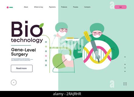 Bio-Technologie, GeneLevel-Chirurgie - modernes Flachvektorkonzept zur Darstellung präziser genetischer Modifikationen auf molekularer Ebene. Metapher von Treati Stock Vektor