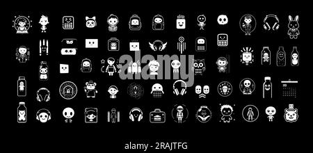 Weiße Schulartikel auf schwarzem Hintergrund. Cartoon Maskottchen, verspielte einfarbige Logos Kollektion. Darstellung isolierter Vektoren Stock Vektor