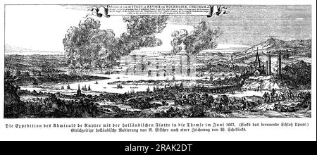 Niederländischer Admiral de Ruyter Fleet Expedition RAID auf dem Medway an der Themsenmündung, juni 1667 mit Burgbrand Upnor (auf der linken Seite) Stockfoto