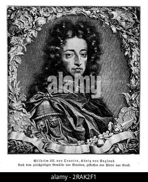 William III. Von Orange, auch bekannt als William von Orange-Nassau, war ein niederländischer Prinz, der von 1689 bis zu seinem Tod im Jahr 1702 als König von England, Schottland und Irland regierte. Er wurde König im Rahmen der glorreichen Revolution, die den Sturz seines Schwiegervaters, James II., und die Gründung einer konstitutionellen Monarchie in England erlebte. William wird für seine militärischen Fähigkeiten, sein Engagement für den Protestantismus und seine Bemühungen, Europa gegen die expansionistischen Ambitionen von Ludwig XIV. Von Frankreich zu vereinen, in Erinnerung gerufen. Stockfoto