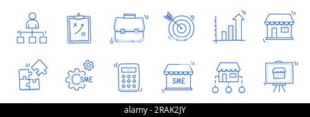 Business sme Doodle-Symbolsatz. Kleine und mittelständische Unternehmen – handgezeichnetes Skizzensymbol. Lokale Partnerschaft, Wirtschaftsstrategie, Franchise-Konzept. Vektordarstellung. Stock Vektor