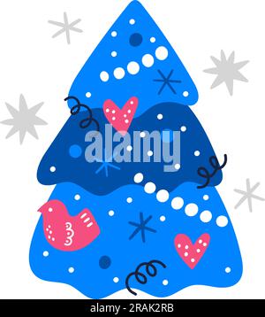 Dekorierter Kiefernbaum mit Herzen und Girlande. Symbol für Winterferien Stock Vektor