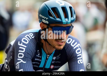 Bilbao, Spanien - 1. Juli 2023: Der Radfahrer JOHN DEGENKOLB aus dem DSM - FIRMENICH Team bei der Präsentation der Tour de France in der ersten Phase Stockfoto