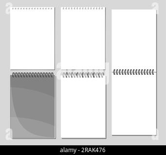 Vector Notepad Set, Sammlung von 5 ausgeschnittenen Illustrationen verschiedener leerer Notizblock-Seiten, Gruppe von geöffneten und geschlossenen spiralförmigen Notizblöcken auf grauem Hintergrund Stock Vektor