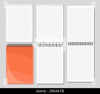 Vector Notepad Set, Sammlung von 5 ausgeschnittenen Illustrationen verschiedener karierter Notizblock-Seiten, Gruppe von geöffneten und geschlossenen spiralförmigen Notizblöcken auf grauem Hintergrund Stock Vektor