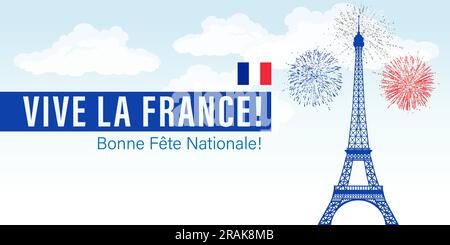 Vive la France, 14. Juli-Feiertagsposter. Vive la France, Bonne Fete Nationale, übersetzen - lang lebe Frankreich, alles gute zum Nationalfeiertag! Vektorbanner Stock Vektor