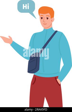 Der junge Mann sagt Hallo mit erhobener Hand. Grußgeste Stock Vektor