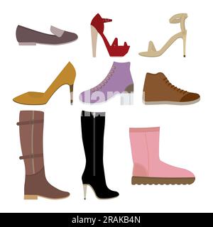 Set mit verschiedenen Damenschuhen. Verschiedene Arten von Damenschuhen. Satz isolierter flacher Symbole. Vektordarstellung. Schuhe, Stiefel, Sandalen für Stock Vektor