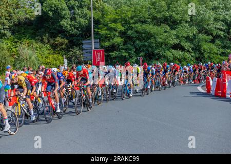 Bayonne, Frankreich: 03. Juli 2023: Peloton-Kampf um den Sprint in der 3. Etappe der "Le Tour de France" in Bayonne, Baskenland. Frankreich. Stockfoto