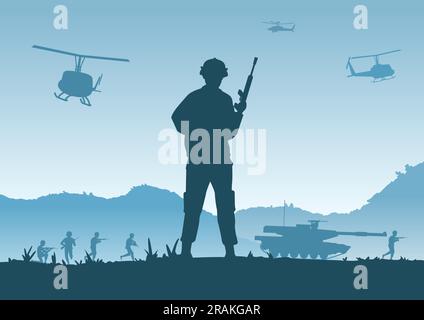 Hintergrund des Krieges in der Situation des Soldaten stehen und halten Waffe, um Armee Basis zu verteidigen, Vektor-Illustration Stock Vektor