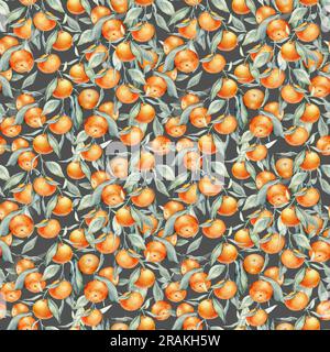 Nahtlose, wässrige Zitrusfrüchte und Blätter. Grüne Blätter und Orangenfrüchte auf weißem Hintergrund. Nahtlose Aquarelle von Mandarinen und Orangen Stockfoto
