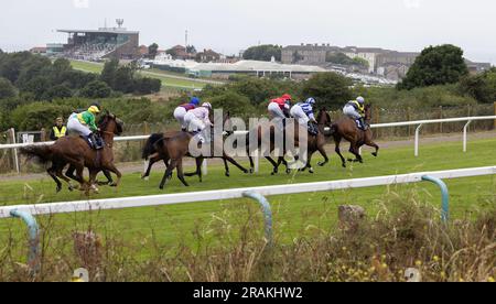 Brighton, Großbritannien. 14. Juli 2023. Eine allgemeine Ansicht, während Läufer und Fahrer sich auf dem Golfplatz auf der Rennbahn „Download the at the Races App Handicap at Brighton Racecourse“ auf den Weg machen. Kredit: James Boardman/Alamy Live News Stockfoto