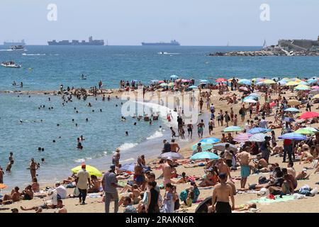 Barcelona, Spanien. 1. Juli 2023. Einheimische und ausländische Touristen genießen den Sommer am Strand von Barcelona. (Kreditbild: © Tubal Sapkota/Pacific Press via ZUMA Press Wire) NUR REDAKTIONELLE VERWENDUNG! Nicht für den kommerziellen GEBRAUCH! Stockfoto