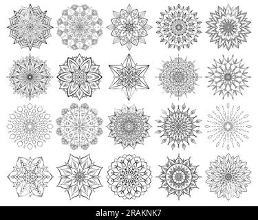 Blumenmandalas eingerichtet. Komplizierte und einfache Mandalas zum Ausmalen von Seiten Stock Vektor