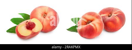 Reif chinesischen Flachbild pfirsich Obst und Hälfte mit Blatt auf weißem Hintergrund Stockfoto