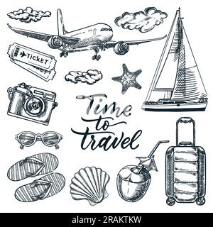 Reisezeit Kalligraphieschriftung und Sommerurlaub Design-Elemente Set. Abbildung der Vektorskizze. Flugzeug, Yacht, Cocktail und Koffer h Stock Vektor