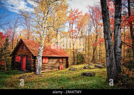 Ein Holzhaus liegt eingebettet im Wald der White Mountains von New Hampshire. Stockfoto