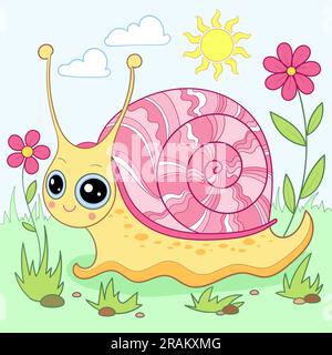 Fröhliche Cartoon-Schnecke krabbelt auf dem Gras. Vektordarstellung Stock Vektor