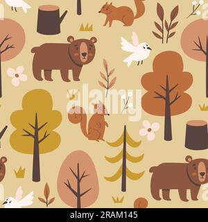 Nahtloses Waldmuster mit Bären, Vögeln und Eichhörnchen. Quadratisches Muster. Vektordarstellung. Stock Vektor