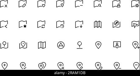 Symbolsatz für Karten-, Standort- und Navigationsvektordarstellung. Stock Vektor